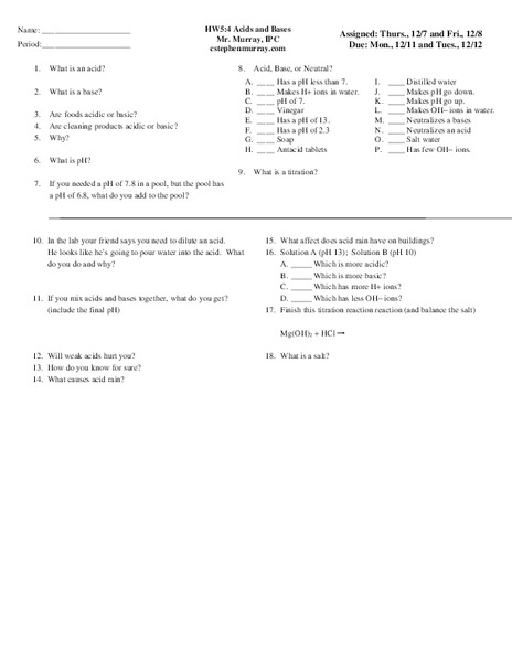 Acids and Bases Worksheet