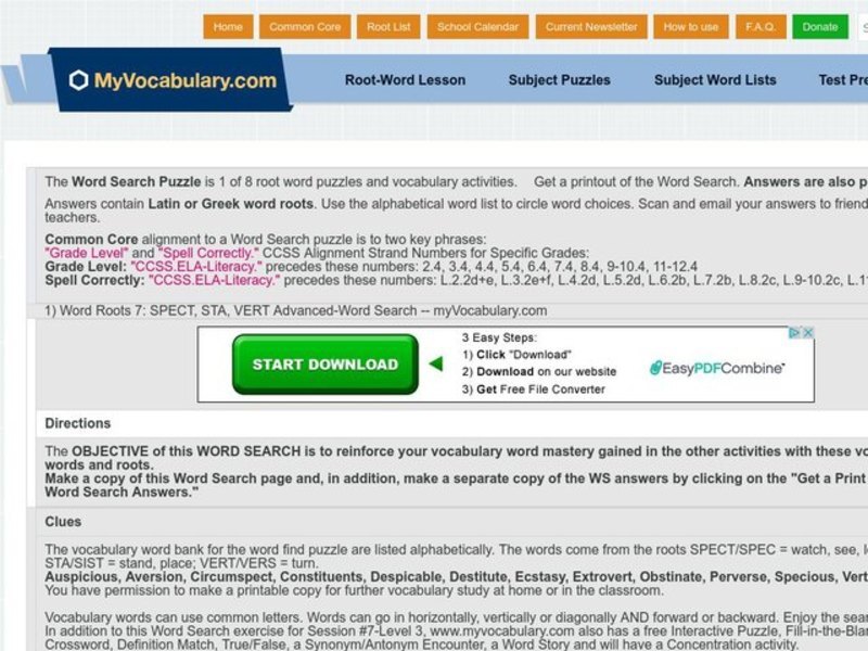 Word Roots: Spect, Sta, Vert Worksheet