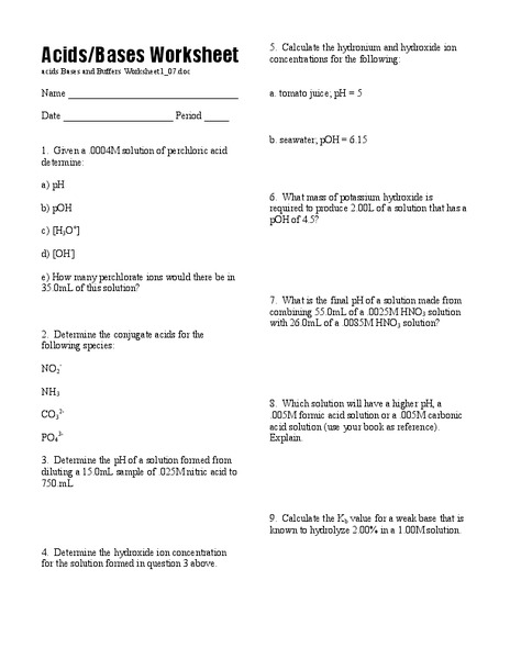 Acids and Bases Worksheet Worksheet