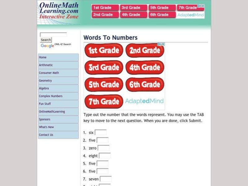 Words to Numbers Interactive