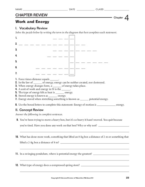 Work and Energy Worksheet