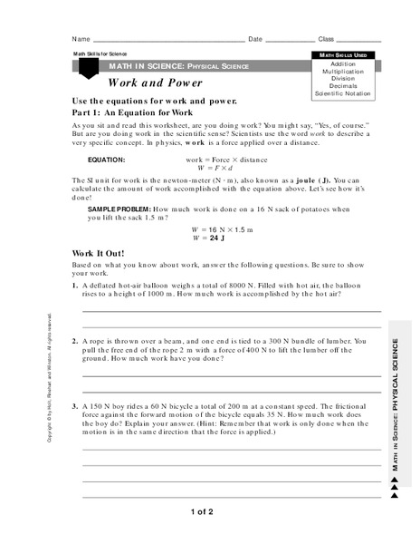 Work and Power Worksheet