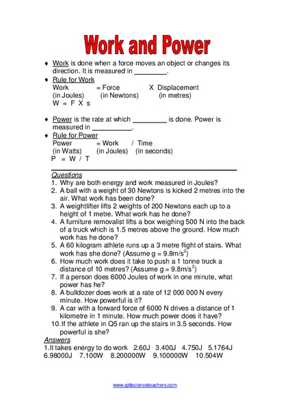 Work and Power Worksheet