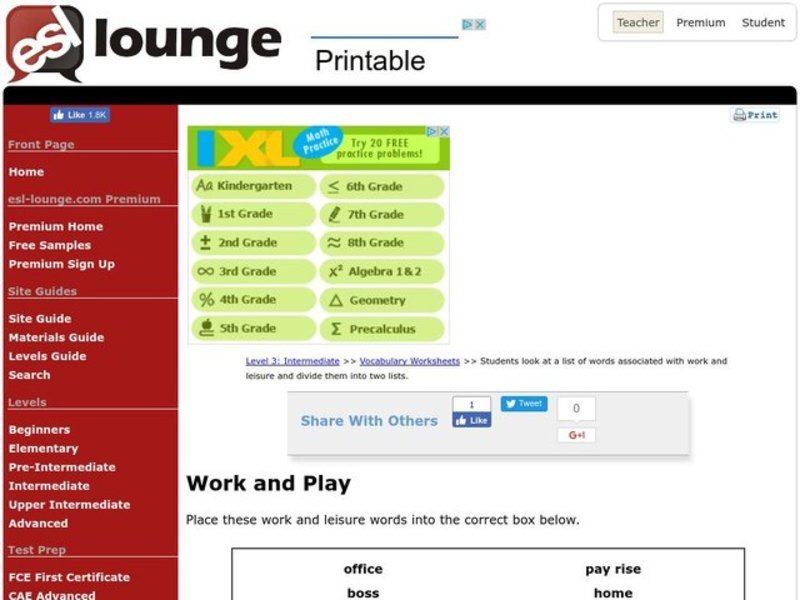 Work and Play Worksheet