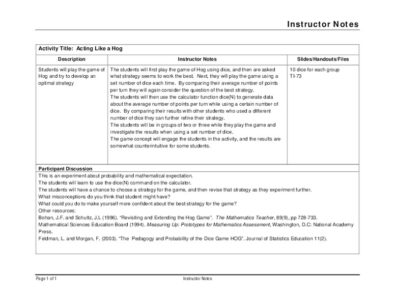Acting Like a Hog Lesson Plan