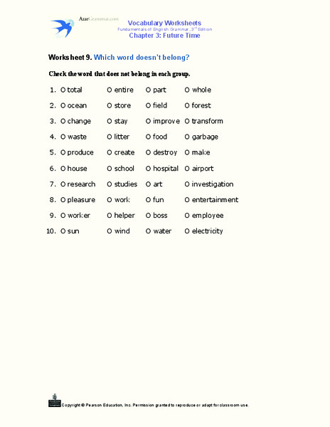 Worksheet 9: Which Word Doesn't Belong? Worksheet