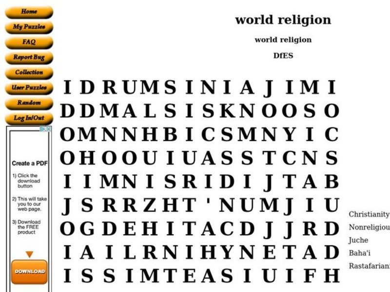 World Religion Word Search Worksheet