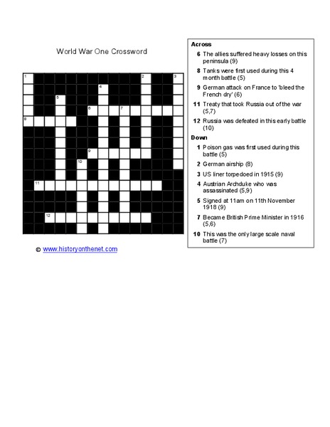 World War 1 Crossword Worksheet