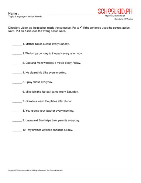 Action Verbs Worksheet
