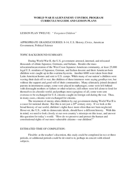 World War II Alien Enemy Control Program Lesson Plan