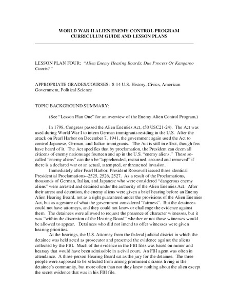 World War II Alien Enemy Control Program Lesson Plan