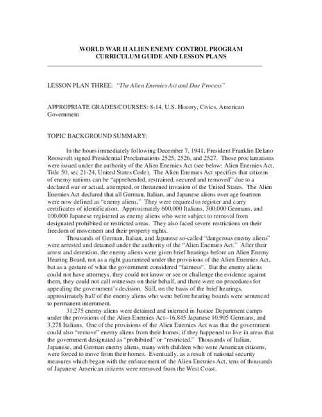 World War II Alien Enemy Control Program Lesson Plan