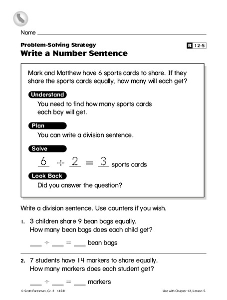 Write a Number Sentence Worksheet