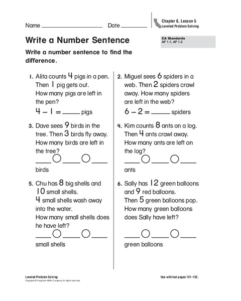 Write a Number Sentence Worksheet