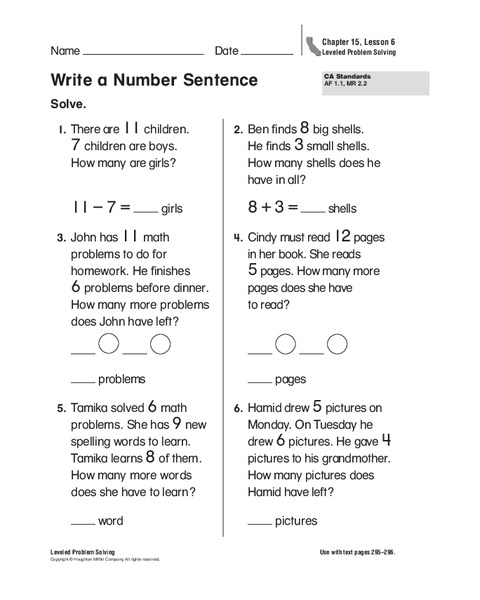 Write a Number Sentence Worksheet