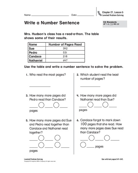 Write a Number Sentence Worksheet