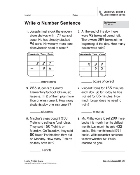 Write a Number Sentence Worksheet