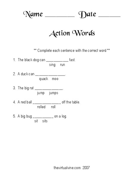 Action Words Worksheet