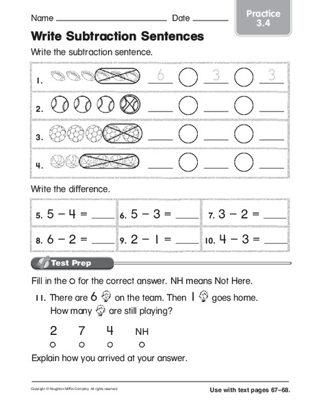 Write Subtraction Sentences Worksheet