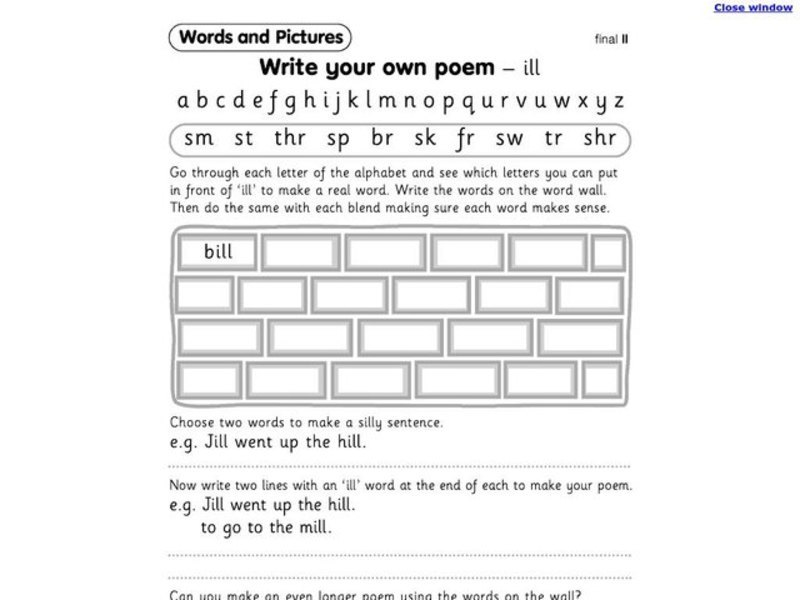 Write Your Own Poem 'ill' Worksheet