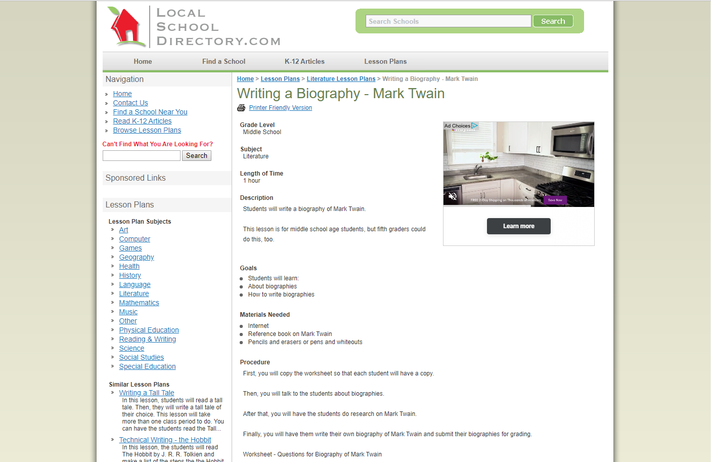 Writing a Biography - Mark Twain Lesson Plan