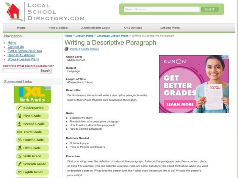 Writing a Descriptive Paragraph Lesson Plan