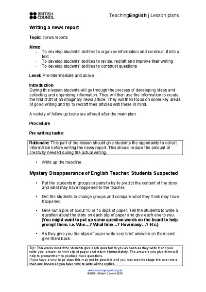 Writing a News Report Lesson Plan