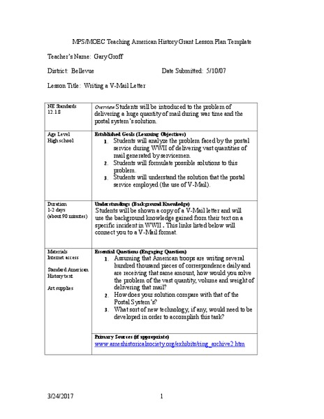Writing a V-Mail Letter Lesson Plan