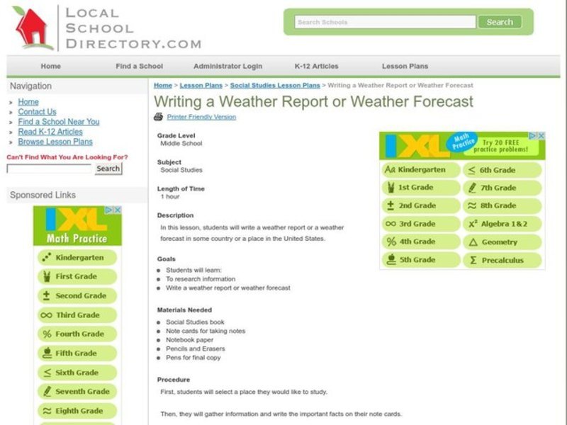 Writing a Weather Report or Weather Forecast Lesson Plan