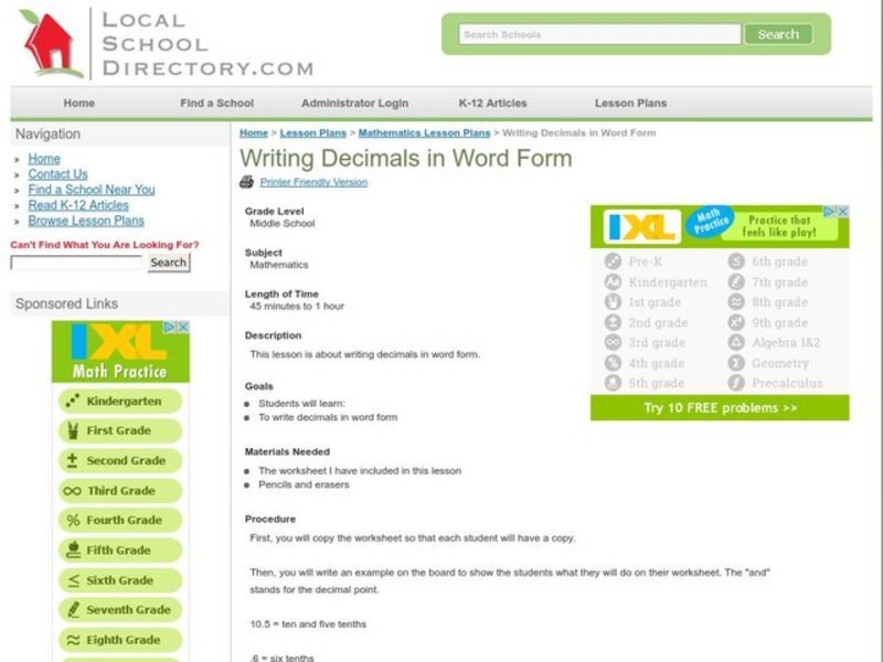Writing Decimals in Word Form Lesson Plan