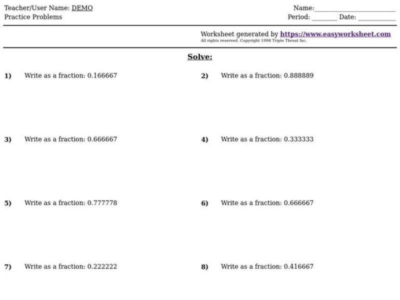 Writing Decimals as Fractions Worksheet