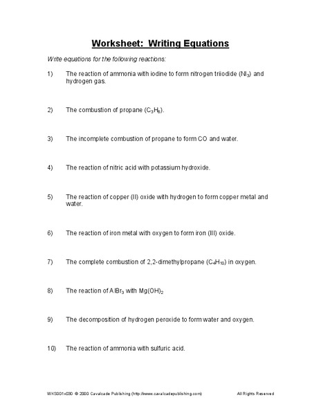 Writing Equations Worksheet