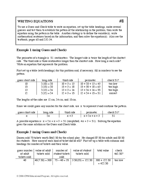 Writing Equations Worksheet
