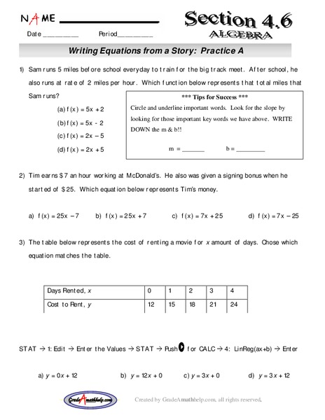 Writing Equations From a Story Lesson Plan