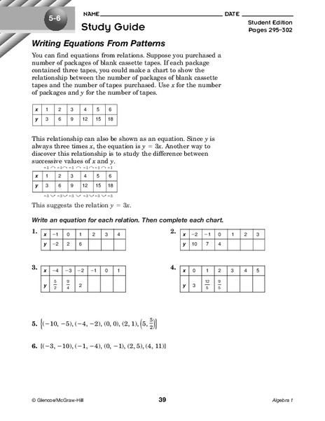 Writing Equations From Patterns Worksheet