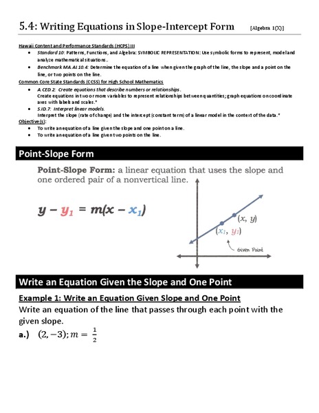 Writing Equations in Slope-Intercept Form Worksheet