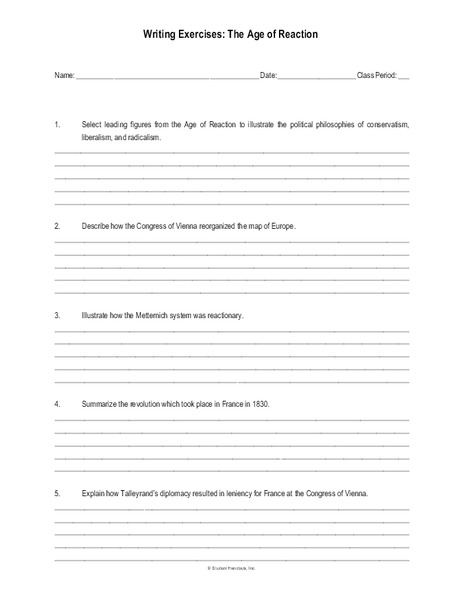 Writing Exercise: The Age of Reaction Worksheet