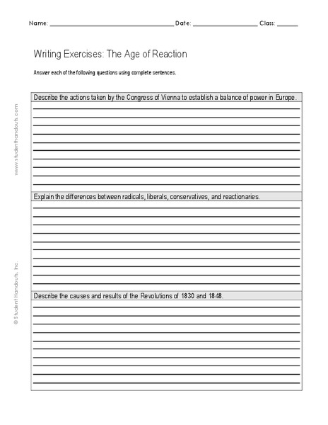 Writing Exercise: The Age of Reaction Worksheet