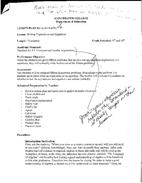 Writing Expressions and Equations Lesson Plan