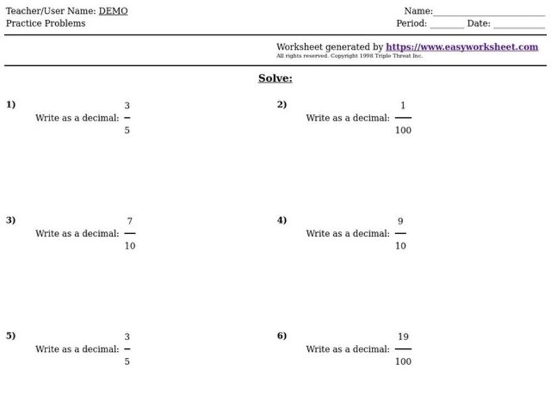 Writing Fractions As Decimals Worksheet