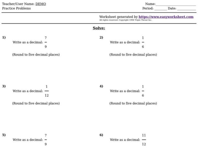 Writing Fractions as Decimals Worksheet