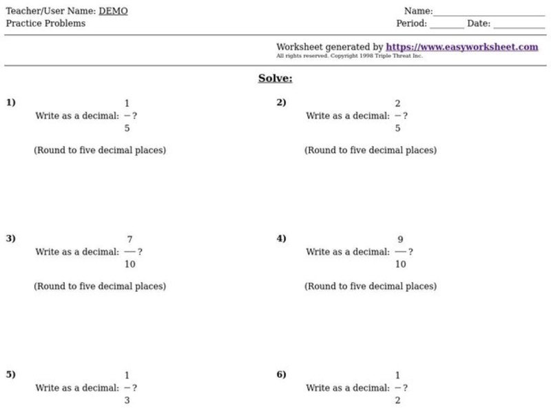 Writing Fractions as Decimals Worksheet