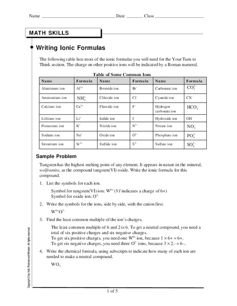 Writing Ionic Formulas Worksheet