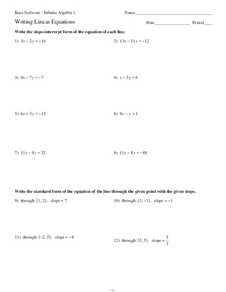 Writing Linear Equations Worksheet
