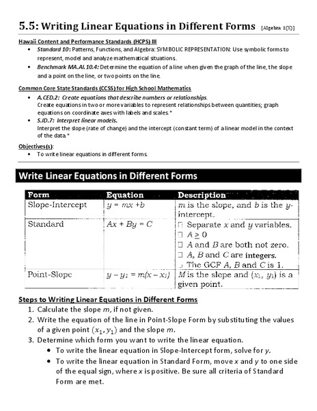 Writing Linear Equations in Different Forms Worksheet
