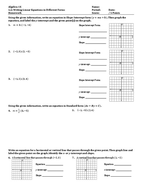 Writing Linear Equations in Different Forms Worksheet