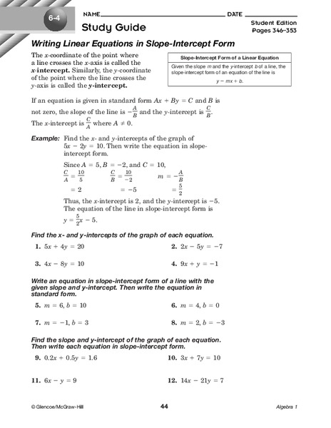 Writing Linear Equations in Slope-Intercept Form Worksheet