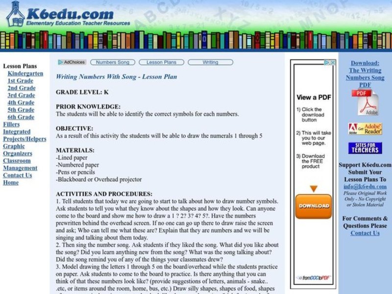 Writing Numbers With Song Lesson Plan