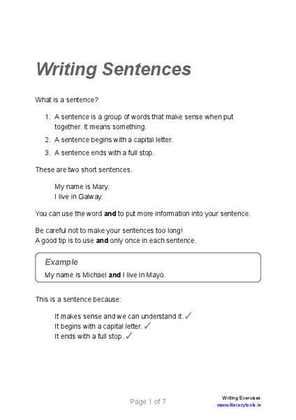 Writing Sentences Worksheet