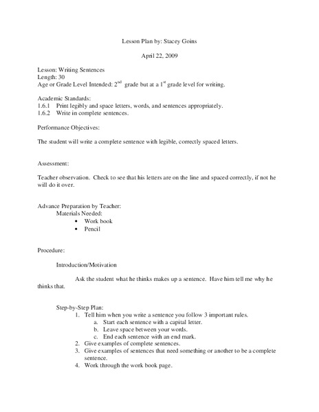Writing Sentences Lesson Plan